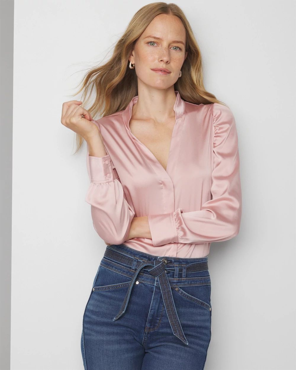 Y-Neck Ruched Shoulder Shirt | White House Black Market